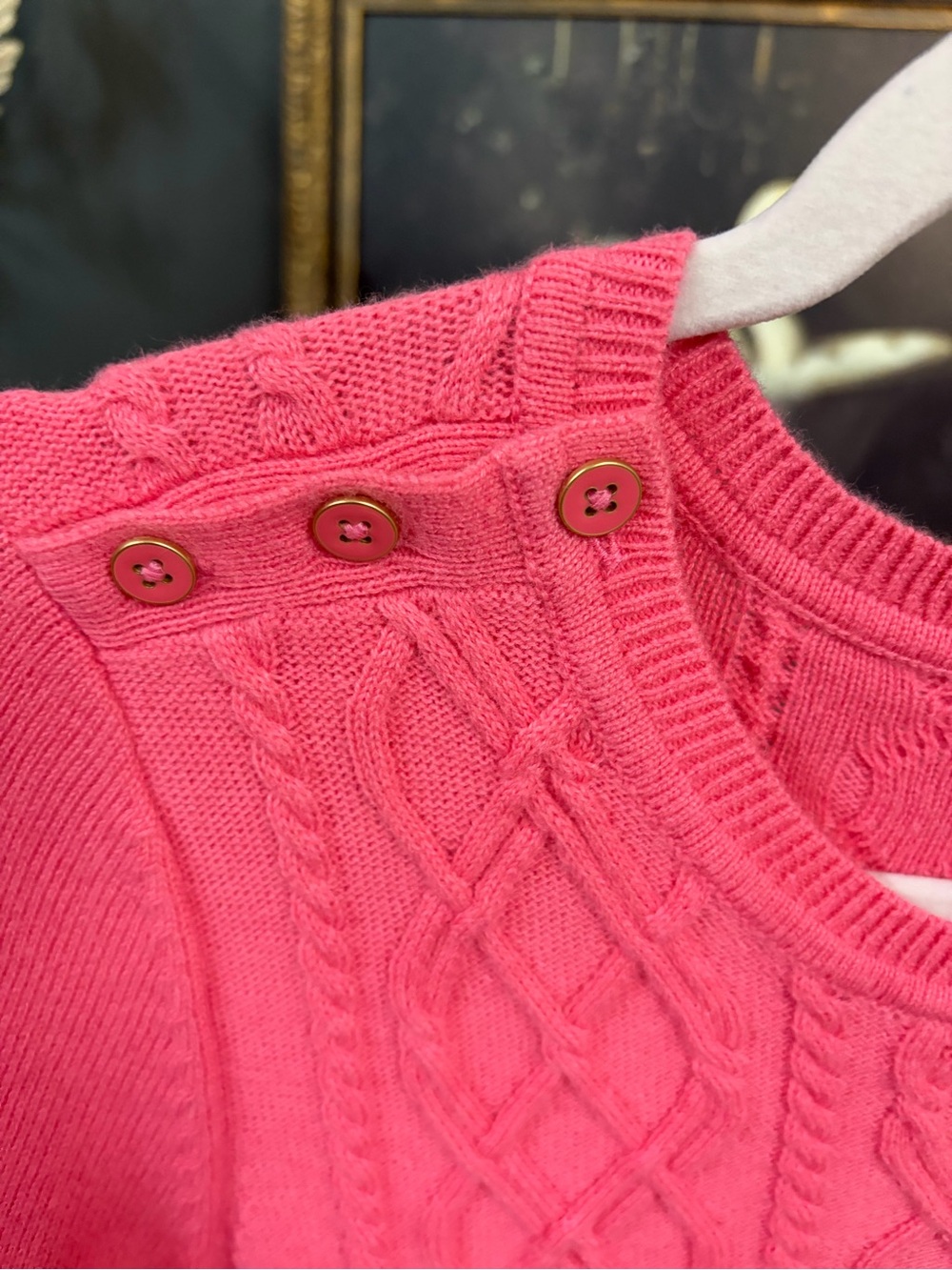 Talbots Coral Pink Cable-Knit Crewneck Sweater with Shoulder Buttons - Picture 3 of 5